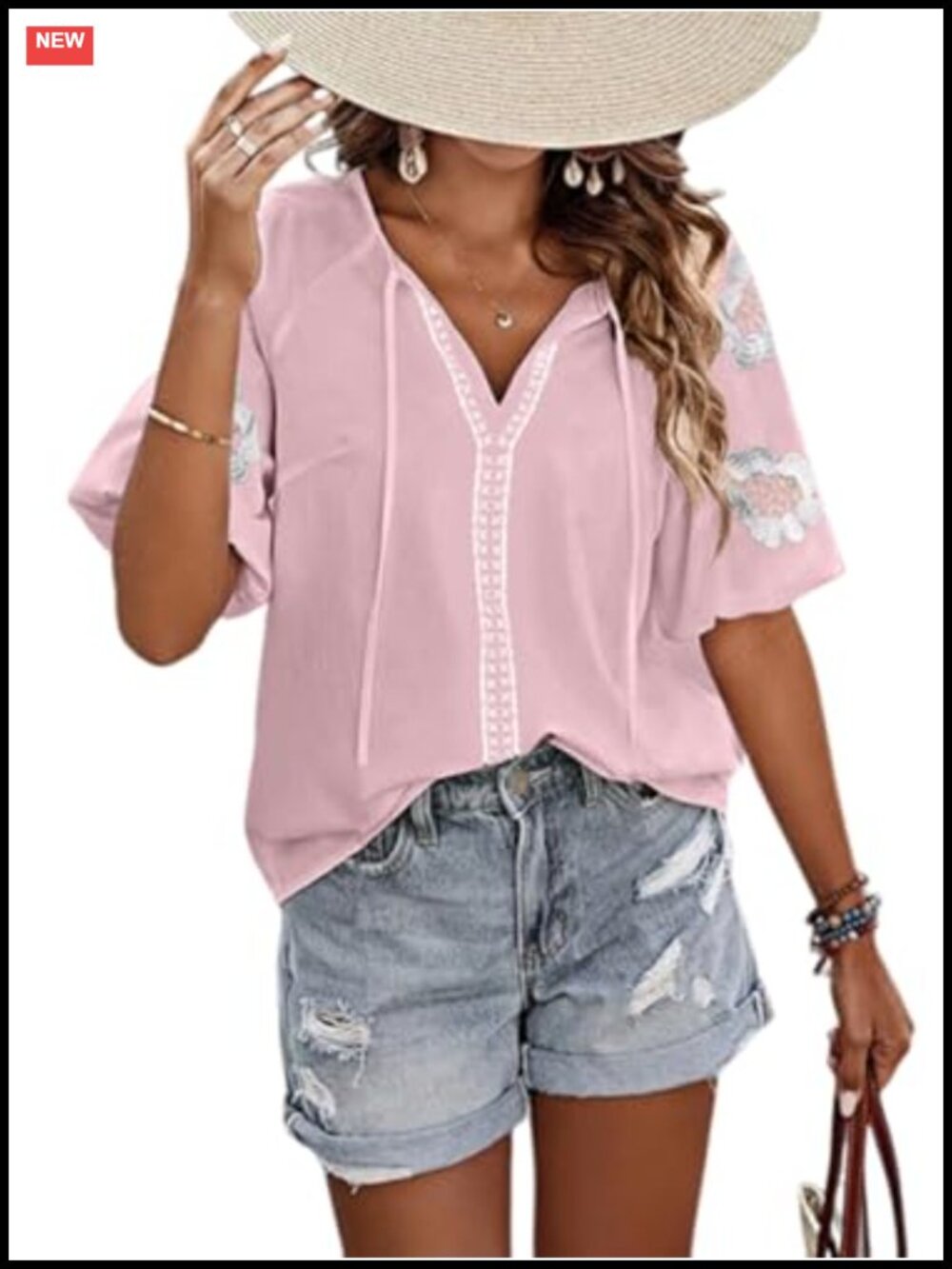 Women's Mexican Embroidered Peasant Blouse V-Neck Bow Tie Top
